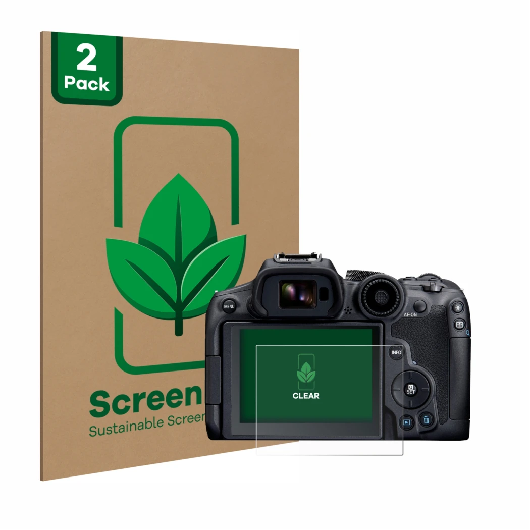 Front side of a product packaging with the brand logo ScreenLeaf. Next to it is the device Canon EOS R7 shown with the corresp