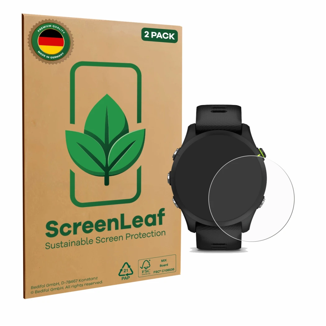 Front side of a product packaging with the brand logo ScreenLeaf. Next to it is the device Garmin Forerunner 255 shown with th