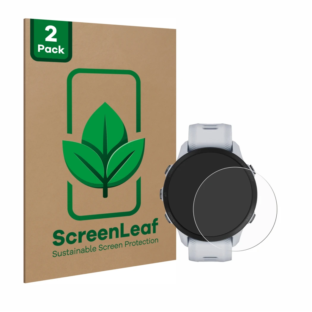 Front side of a product packaging with the brand logo ScreenLeaf. Next to it is the device Garmin Forerunner 955 shown with th