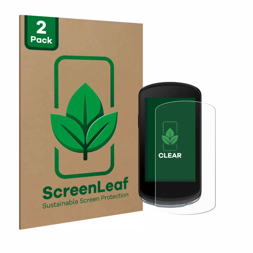 Front side of a product packaging with the brand logo ScreenLeaf. Next to it is the device Garmin Edge 1040 shown with the cor