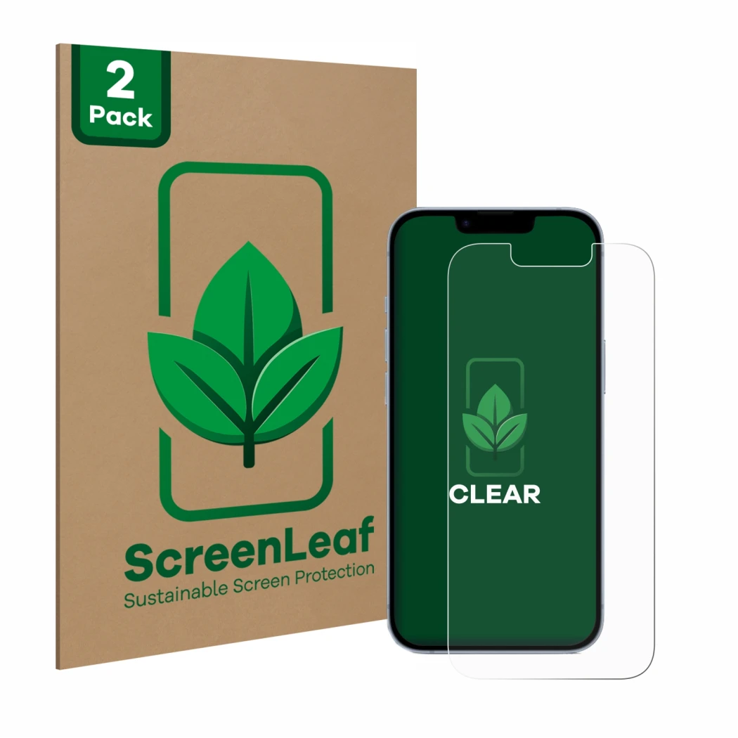 Front side of a product packaging with the brand logo ScreenLeaf. Next to it is the device Apple iPhone 14 shown with the corr