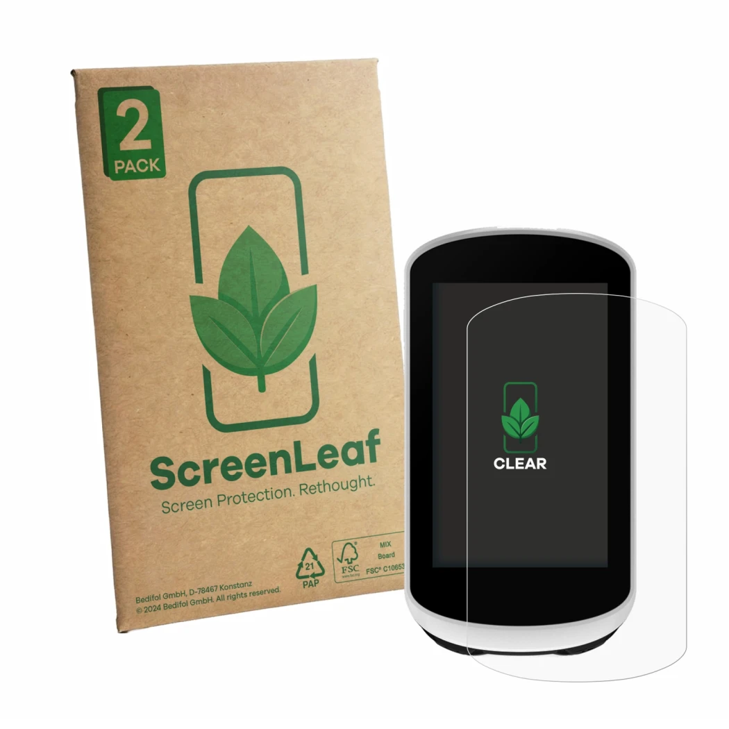 Front side of a product packaging with the brand logo ScreenLeaf. Next to it is the device Garmin Edge Explore 2 shown with th