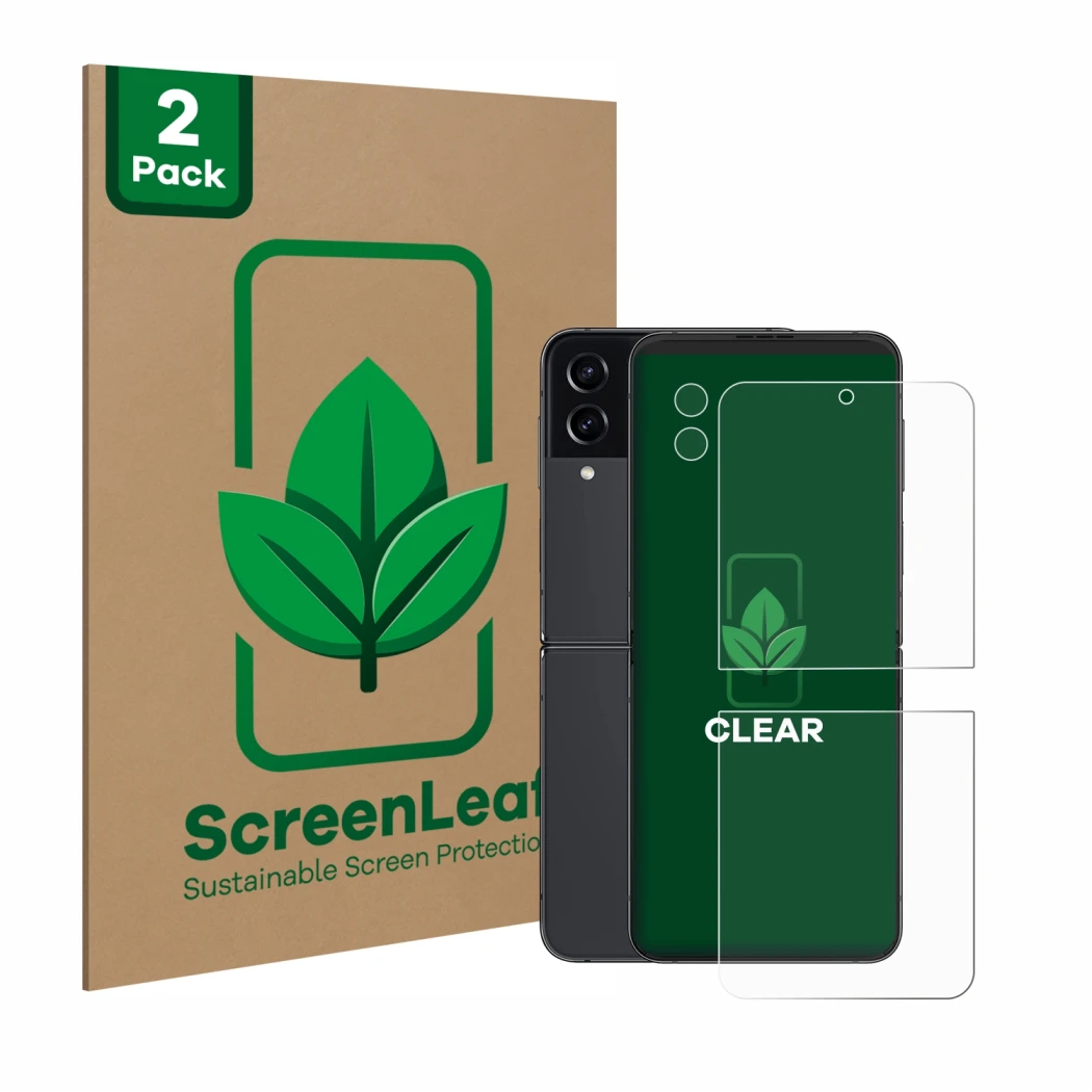 Front side of a product packaging with the brand logo ScreenLeaf. Next to it is the device Samsung Galaxy Z Flip 4 (Front+Came