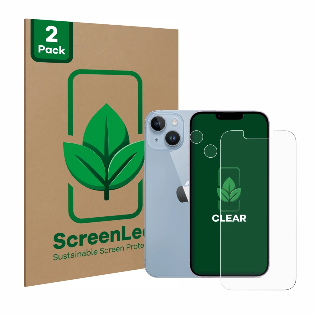 Front side of a product packaging with the brand logo ScreenLeaf. Next to it is the device Apple iPhone 14 (Front+Camera) show