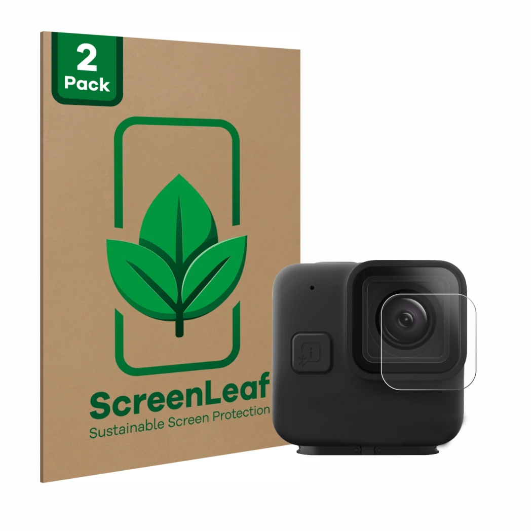 Front side of a product packaging with the brand logo ScreenLeaf. Next to it is the device GoPro Hero 11 mini Lens (housing) s