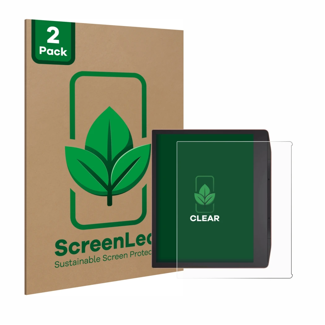 Front side of a product packaging with the brand logo ScreenLeaf. Next to it is the device PocketBook Era shown with the corre