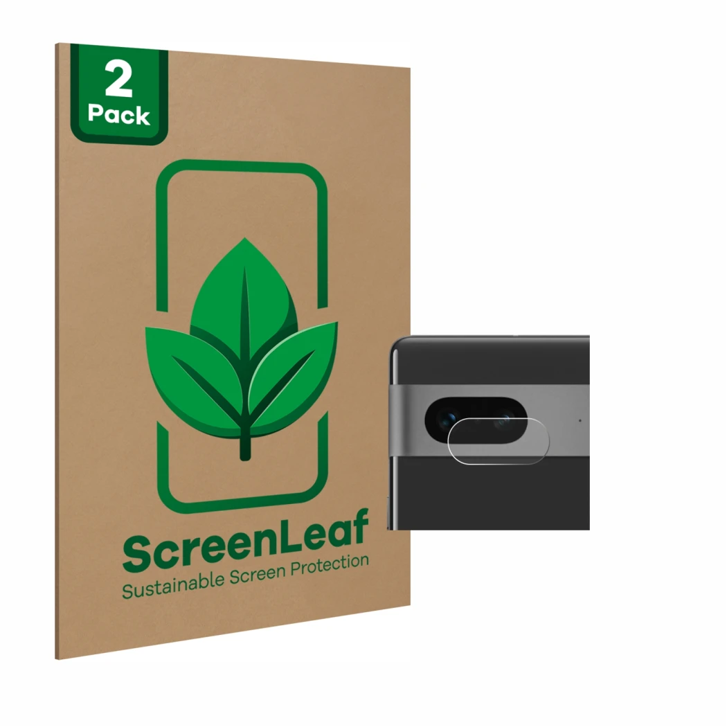 Front side of a product packaging with the brand logo ScreenLeaf. Next to it is the device Google Pixel 7 (ONLY Camera Lens) s
