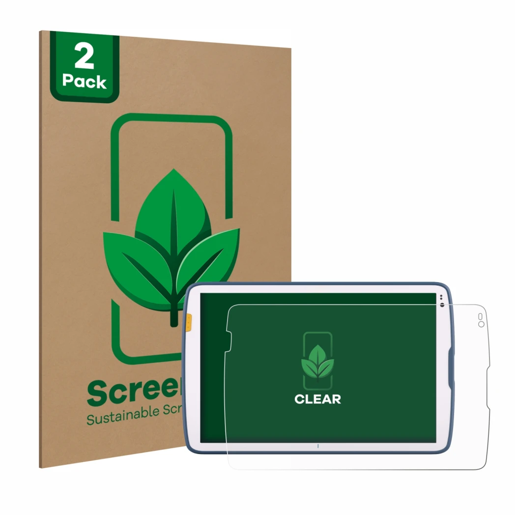 Front side of a product packaging with the brand logo ScreenLeaf. Next to it is the device Zebra ET45 10.1