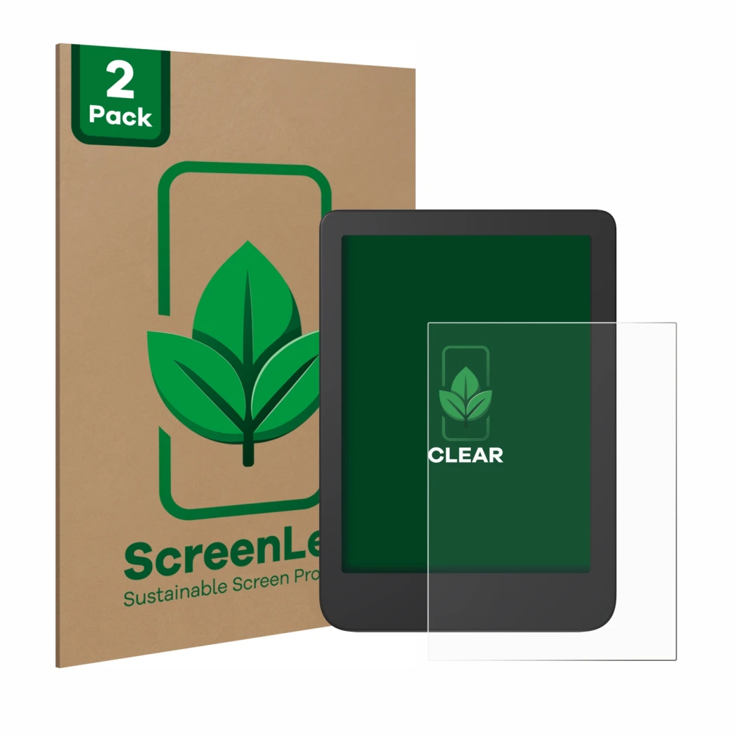 Front side of a product packaging with the brand logo ScreenLeaf. Next to it is the device Tolino Shine 4 shown with the corre