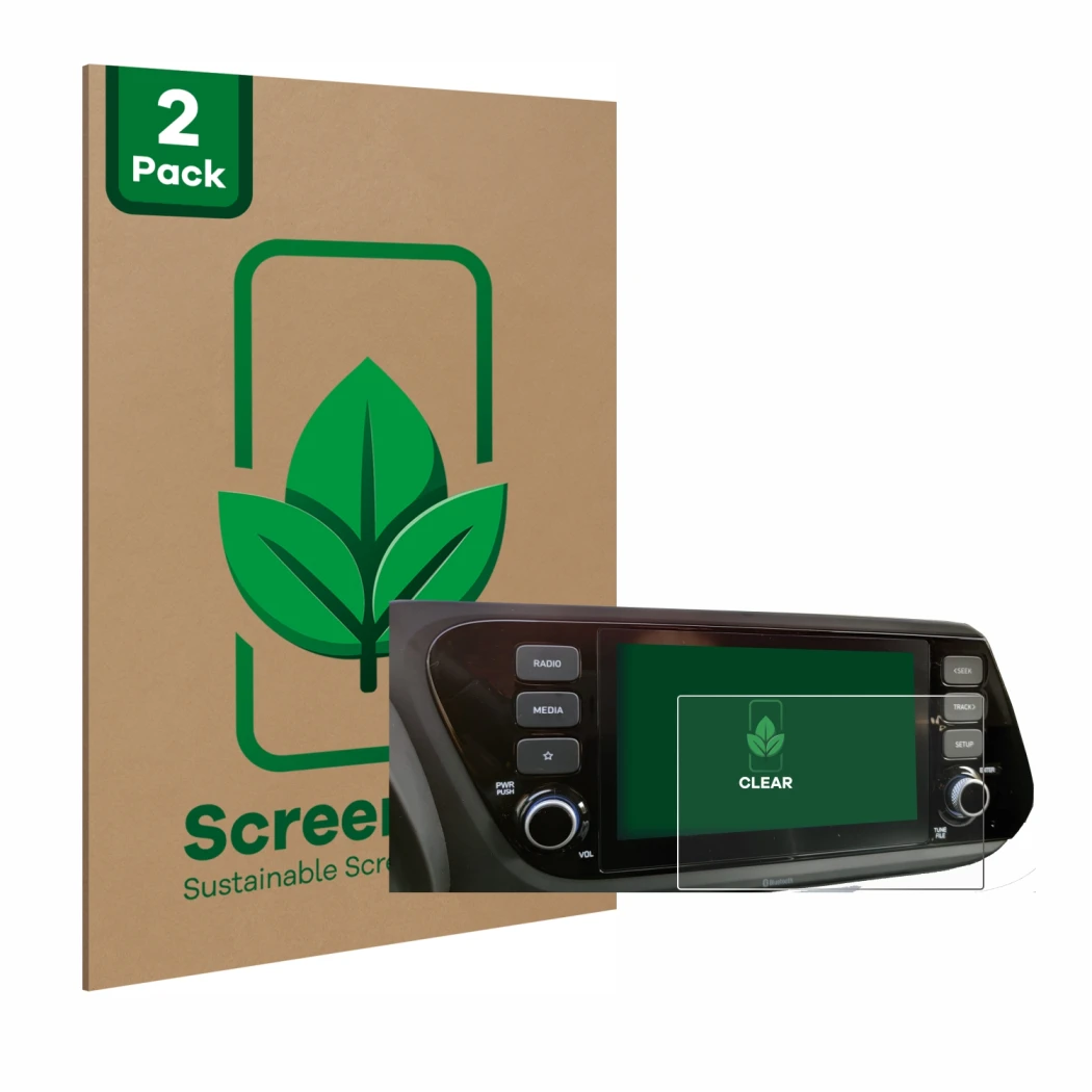 Front side of a product packaging with the brand logo ScreenLeaf. Next to it is the device Hyundai i20 2020 8