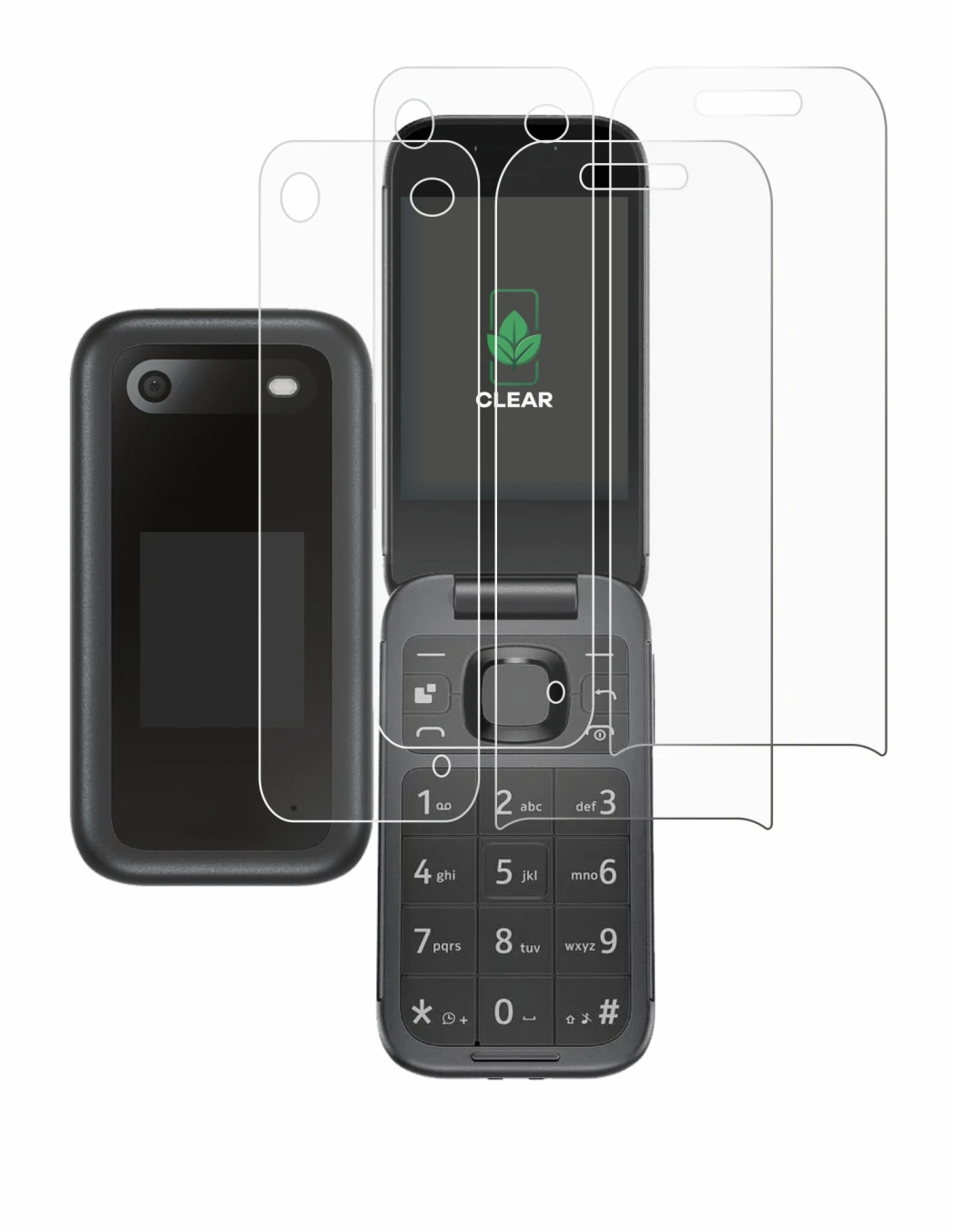 Image of the device Nokia 2660 Flip (Front+Back) with a wide variety of screen protectors.