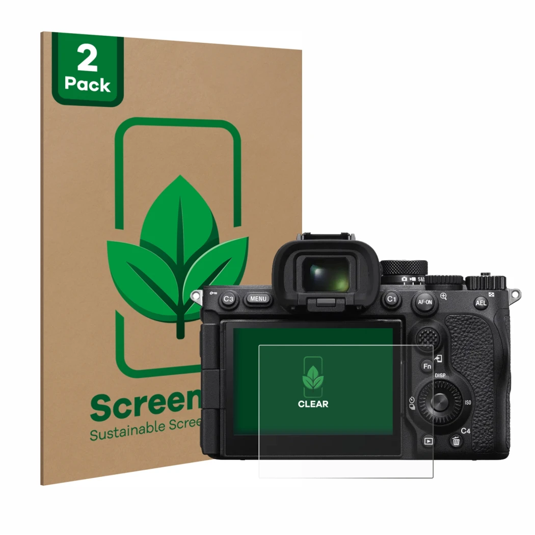 Front side of a product packaging with the brand logo ScreenLeaf. Next to it is the device Sony Alpha 7R V shown with the corr