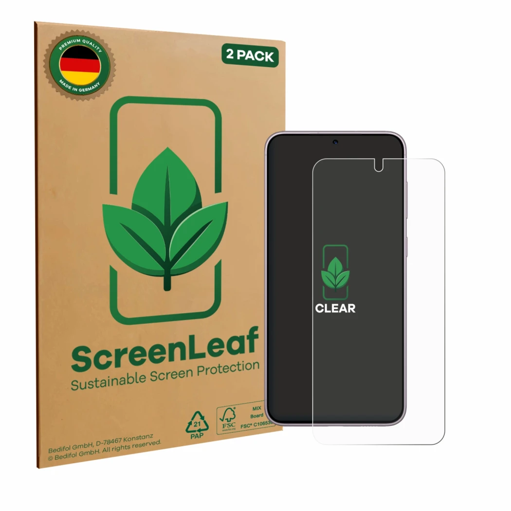 Front side of a product packaging with the brand logo ScreenLeaf. Next to it is the device Samsung Galaxy S23 shown with the c
