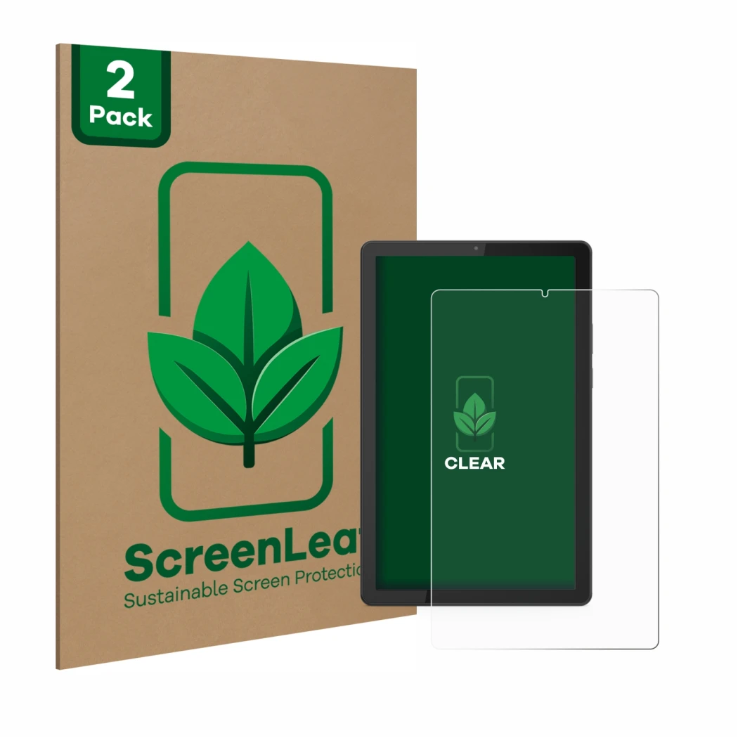 Front side of a product packaging with the brand logo ScreenLeaf. Next to it is the device Lenovo Tab M9 shown with the corres