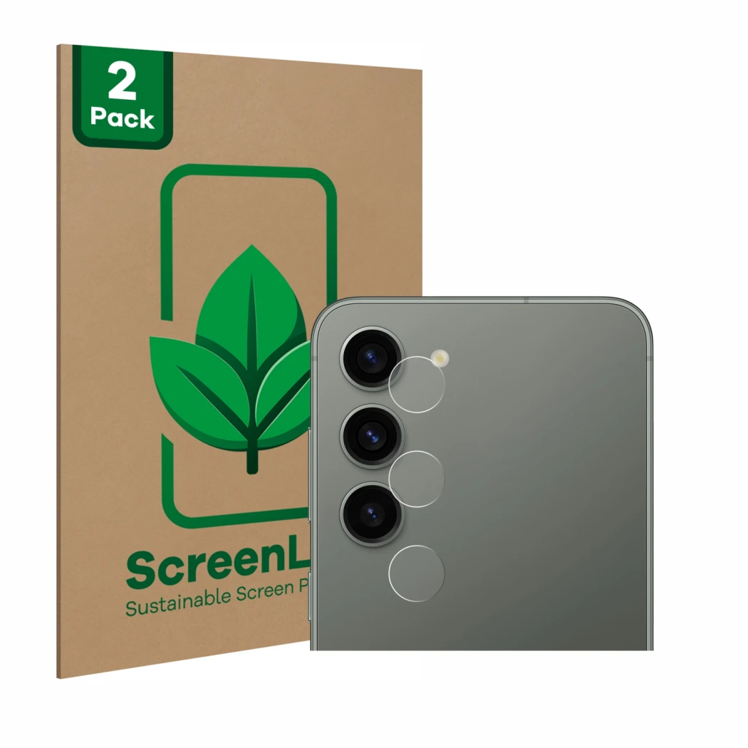 Front side of a product packaging with the brand logo ScreenLeaf. Next to it is the device Samsung Galaxy S23 (ONLY Camera Len