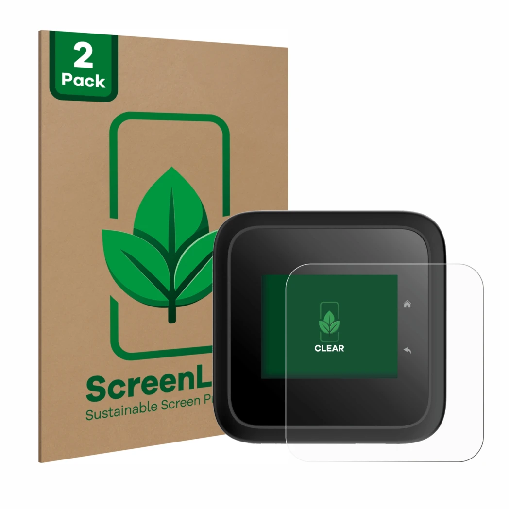 Front side of a product packaging with the brand logo ScreenLeaf. Next to it is the device Netgear Nighthawk M6 Pro shown with
