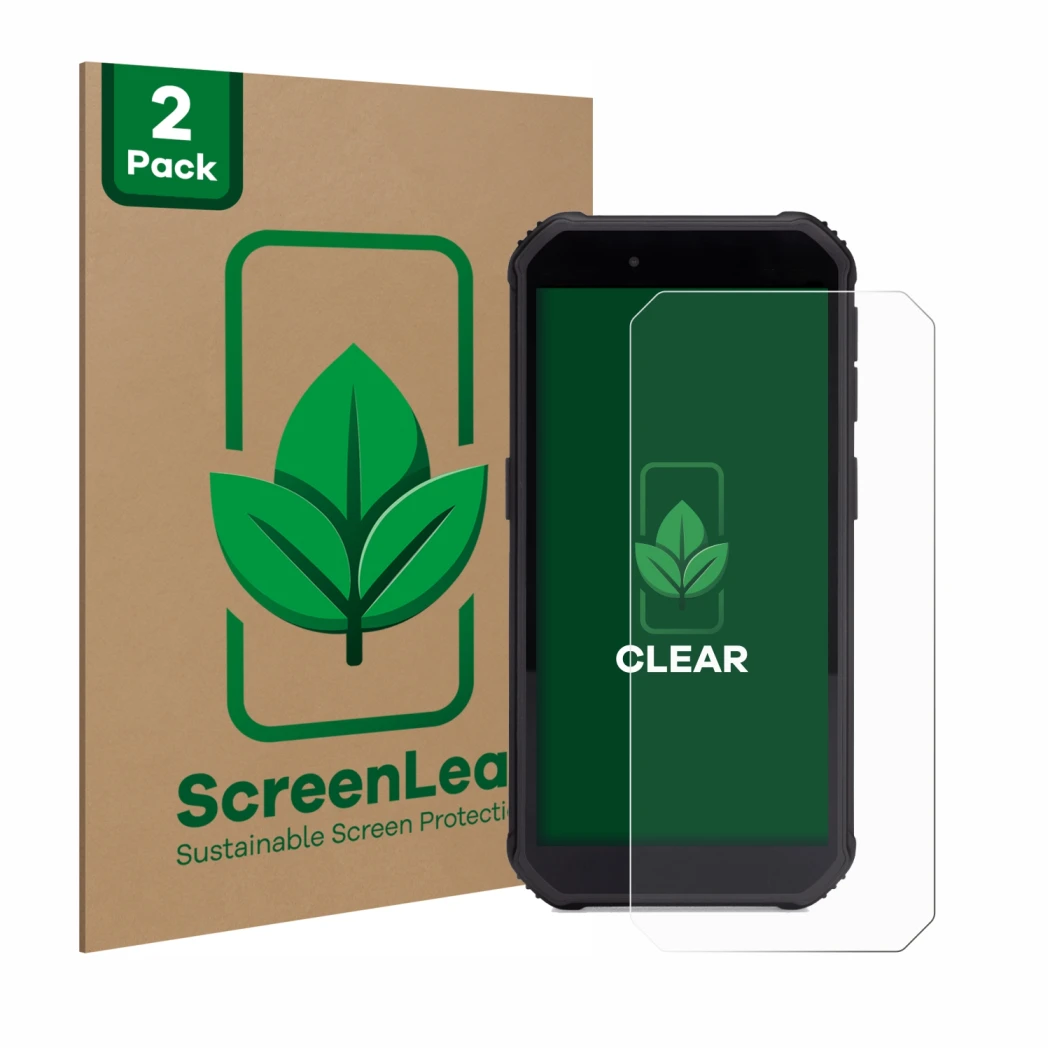 Front side of a product packaging with the brand logo ScreenLeaf. Next to it is the device SkyCaddie SX550 shown with the corr