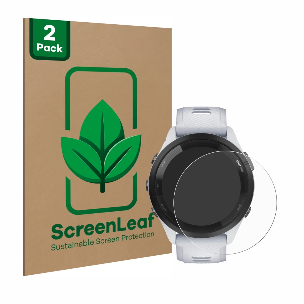 Front side of a product packaging with the brand logo ScreenLeaf. Next to it is the device Garmin Forerunner 265 (46 mm) shown