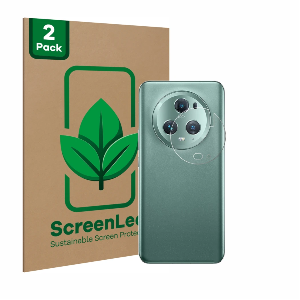 Front side of a product packaging with the brand logo ScreenLeaf. Next to it is the device Honor Magic 5 Pro (ONLY Camera Lens
