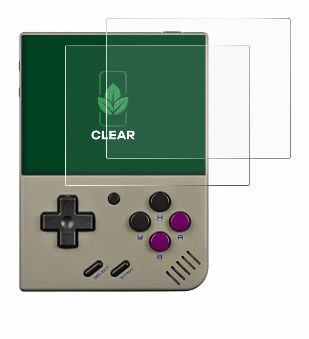 Image of the device Miyoo Mini Plus with a wide variety of screen protectors.