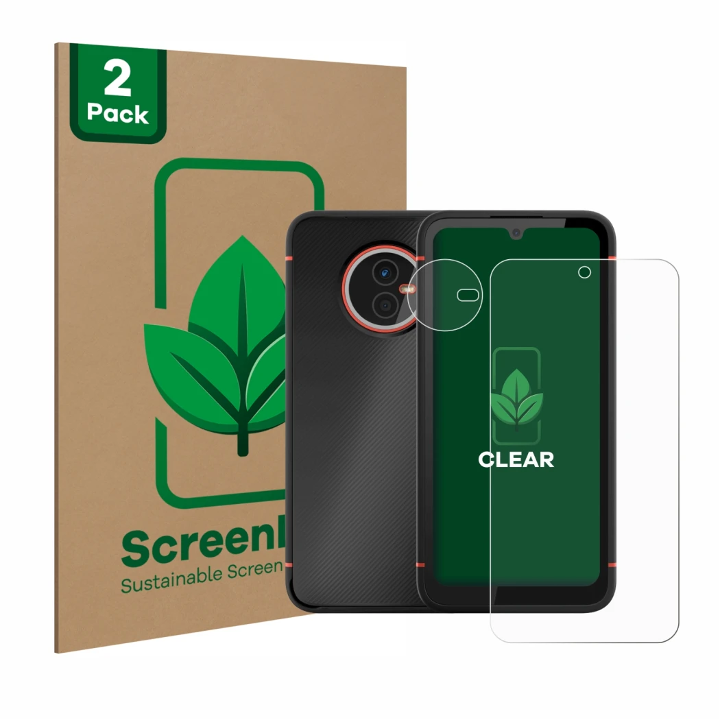 Front side of a product packaging with the brand logo ScreenLeaf. Next to it is the device Gigaset GX4 (Front+Camera) shown wi