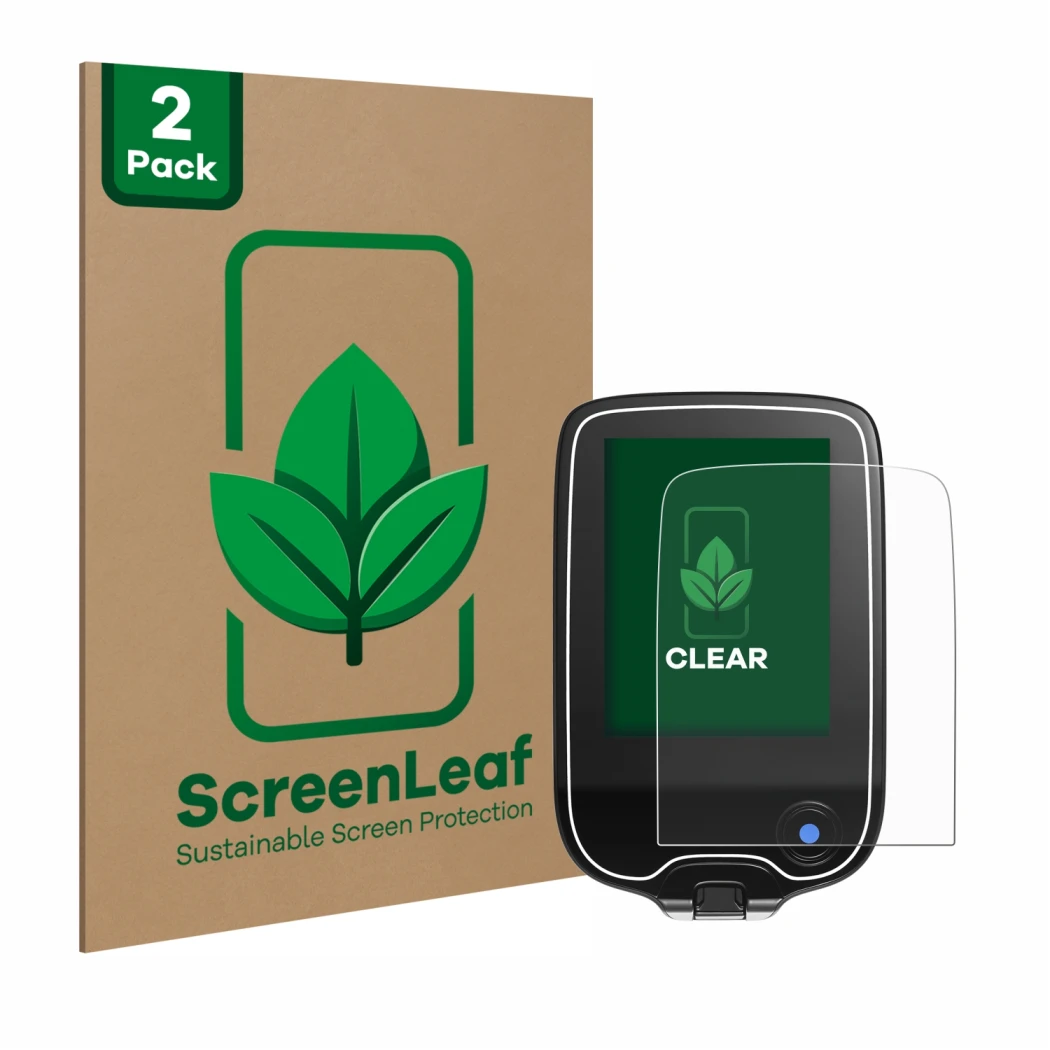 Front side of a product packaging with the brand logo ScreenLeaf. Next to it is the device Freestyle Libre 3 shown with the co