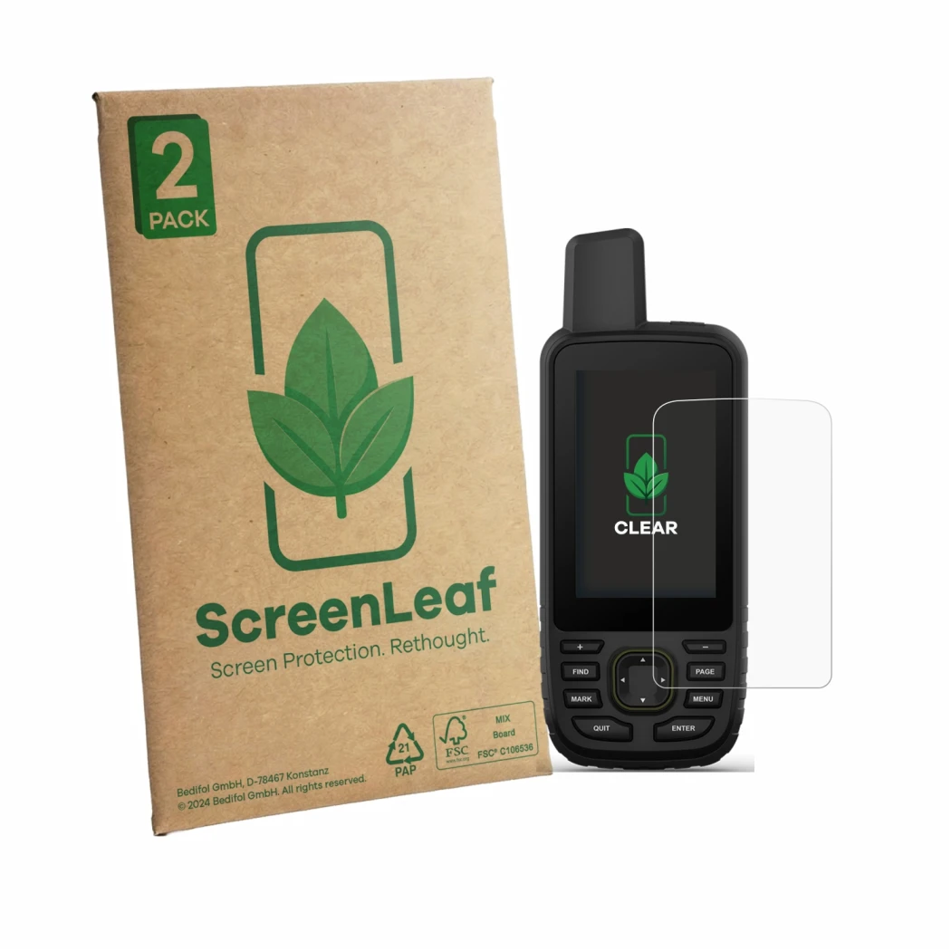 Front side of a product packaging with the brand logo ScreenLeaf. Next to it is the device Garmin GPSMAP 67 shown with the cor