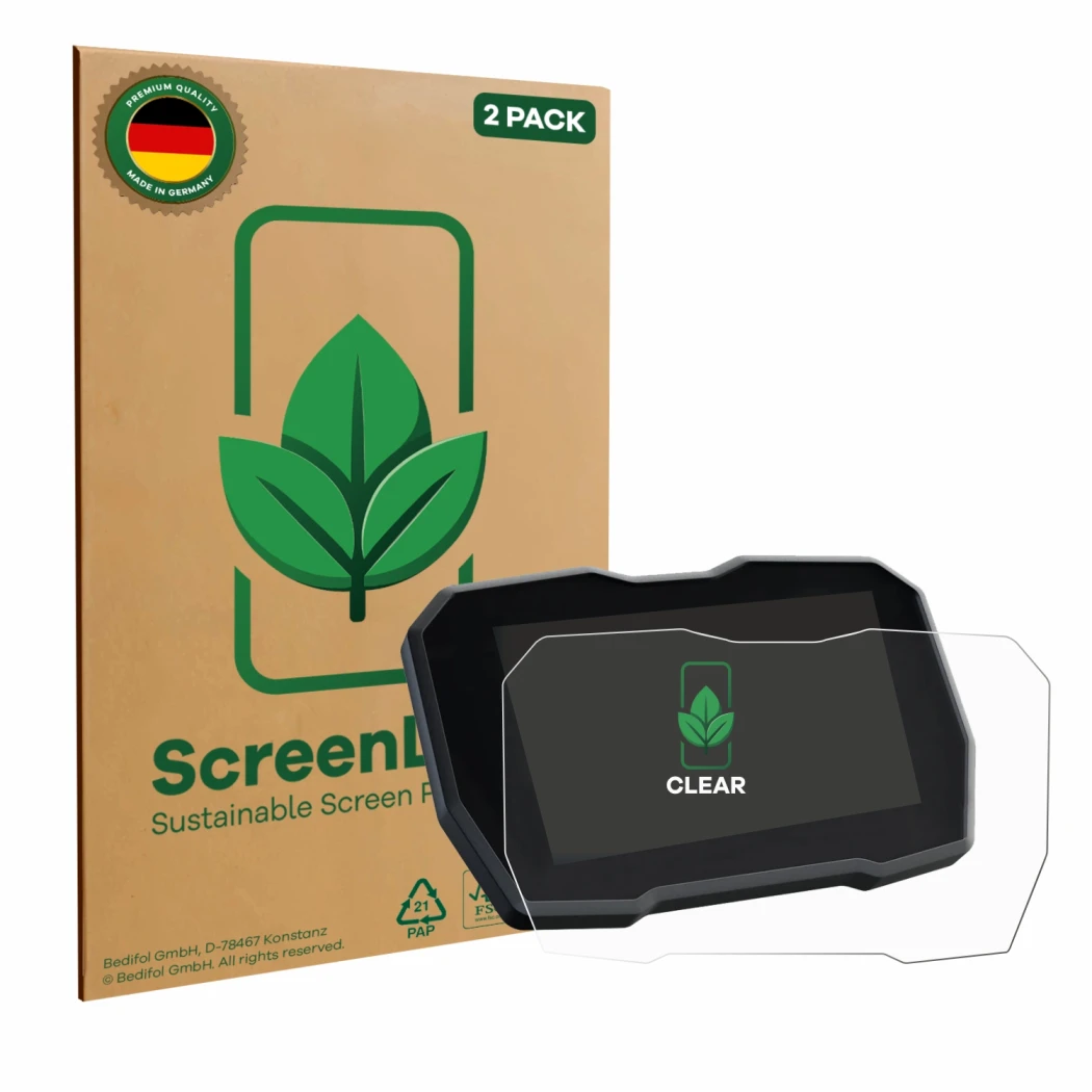 Front side of a product packaging with the brand logo ScreenLeaf. Next to it is the device Ducati Multistrada V4 2021+ shown w