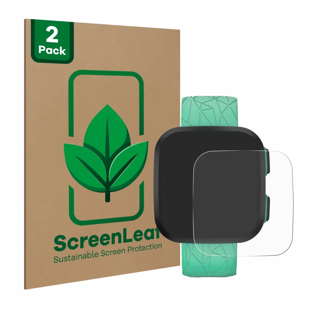 Front side of a product packaging with the brand logo ScreenLeaf. Next to it is the device Garmin Bounce shown with the corres