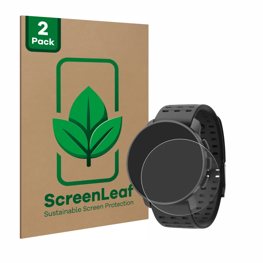 Front side of a product packaging with the brand logo ScreenLeaf. Next to it is the device Suunto 9 Peak Pro shown with the co
