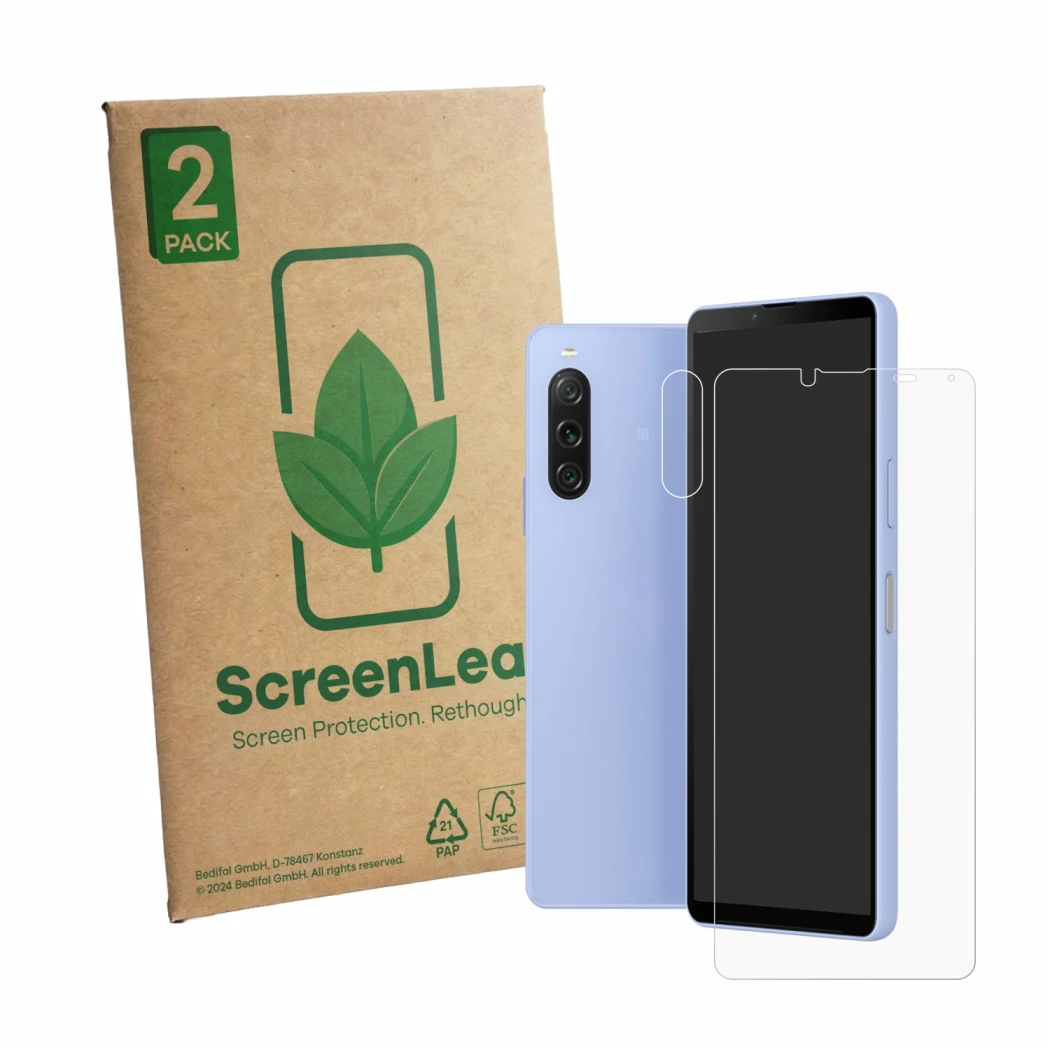 Front side of a product packaging with the brand logo ScreenLeaf. Next to it is the device Sony Xperia 10 V (Front+Camera) sho