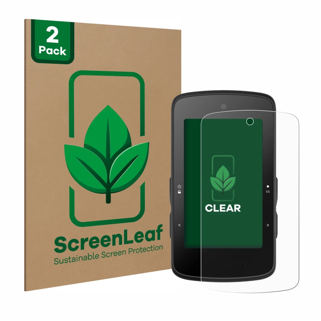 Front side of a product packaging with the brand logo ScreenLeaf. Next to it is the device Bryton Rider 750 SE shown with the 