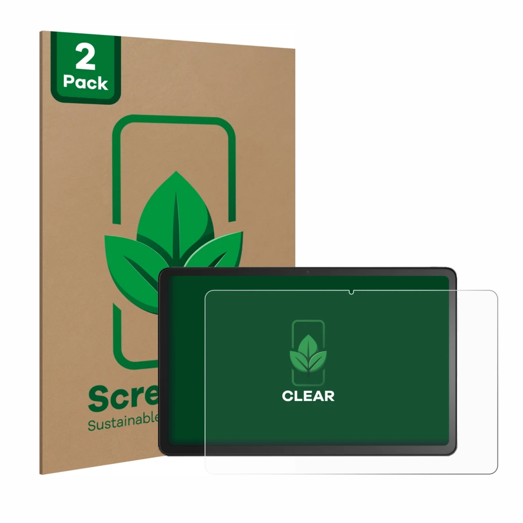 Front side of a product packaging with the brand logo ScreenLeaf. Next to it is the device Amazon Fire Max 11 shown with the c
