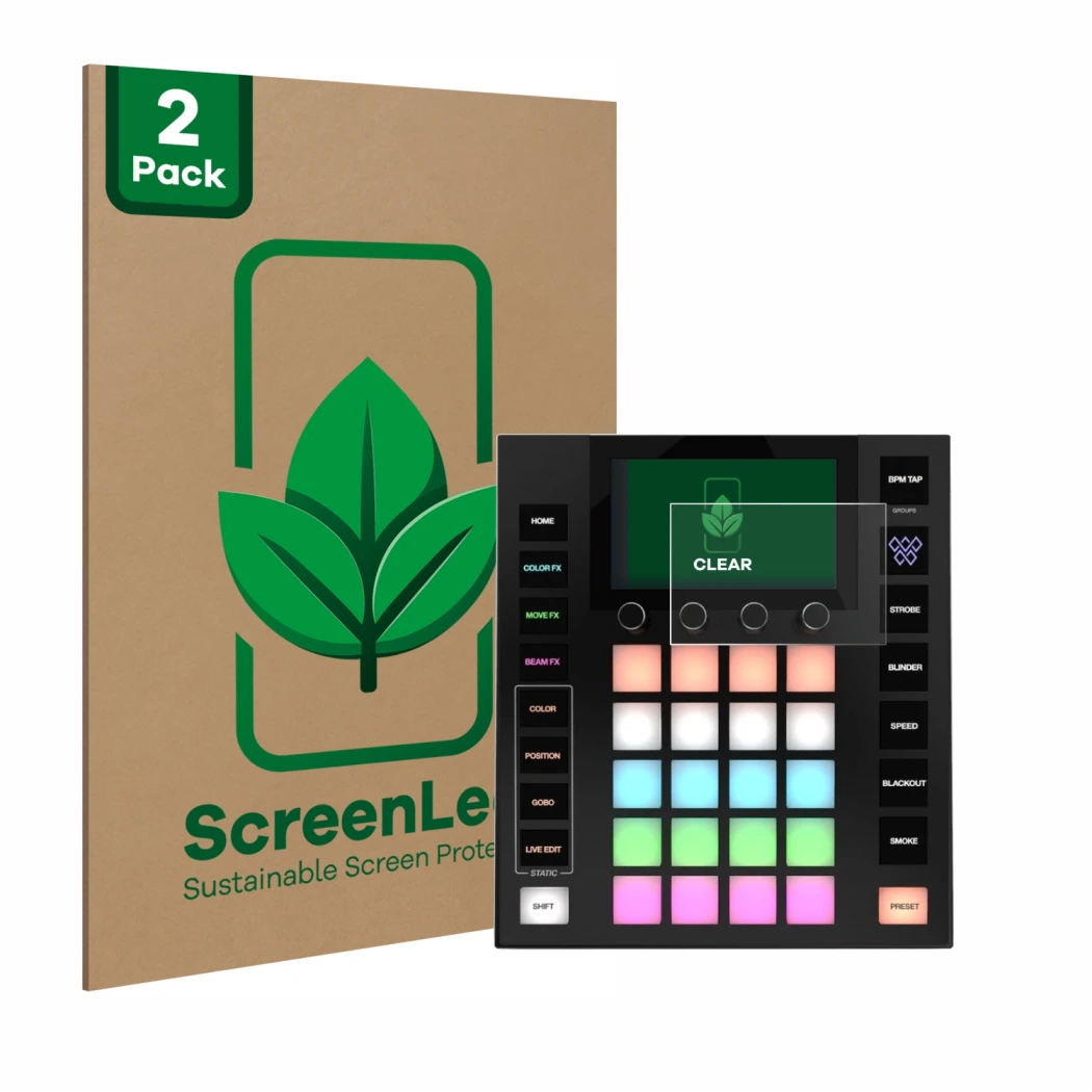 Front side of a product packaging with the brand logo ScreenLeaf. Next to it is the device Wolfmix W1 shown with the correspon