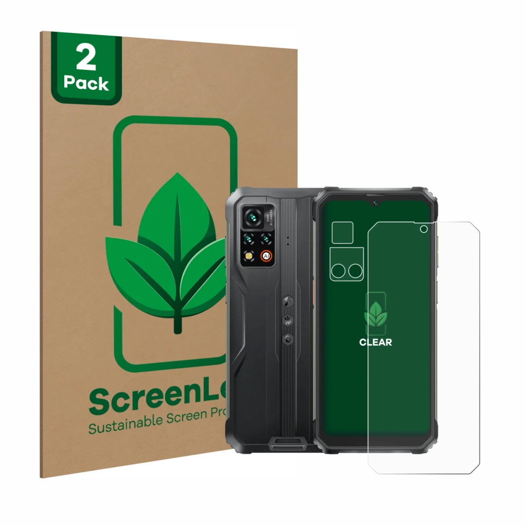 Front side of a product packaging with the brand logo ScreenLeaf. Next to it is the device Blackview BV9200 (Front+Camera) sho