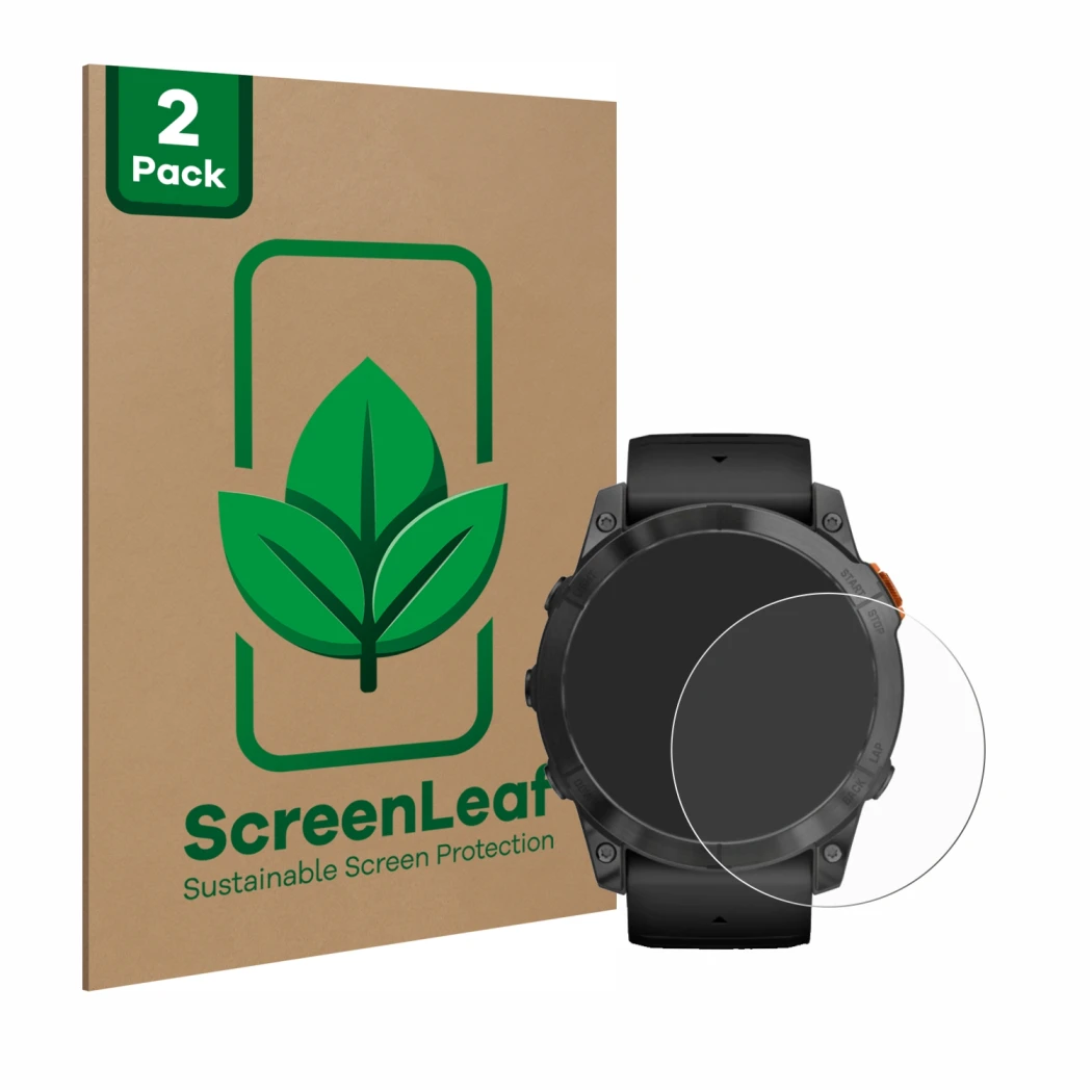 Front side of a product packaging with the brand logo ScreenLeaf. Next to it is the device Garmin Fenix 7X Pro Solar (51 mm) s