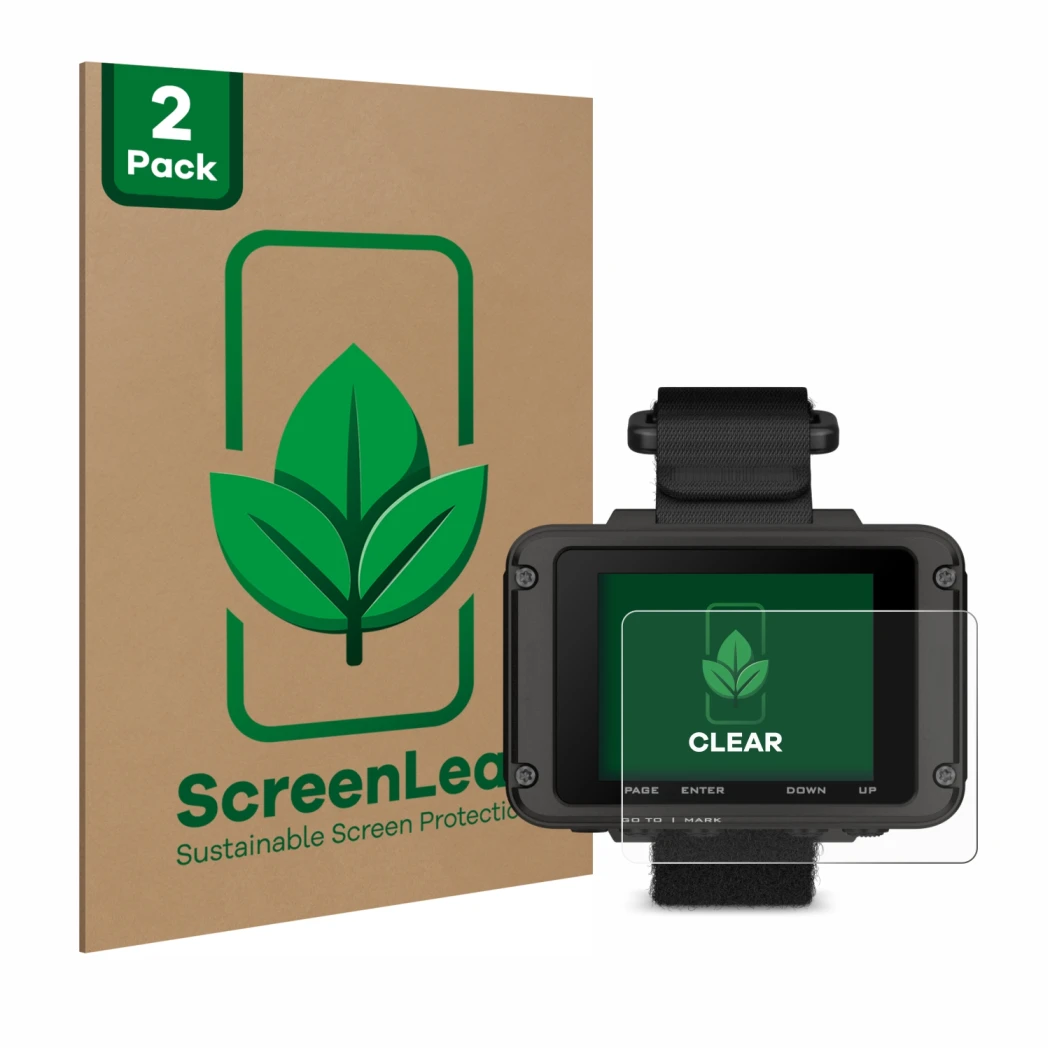 Front side of a product packaging with the brand logo ScreenLeaf. Next to it is the device Garmin Foretrex 801 shown with the 