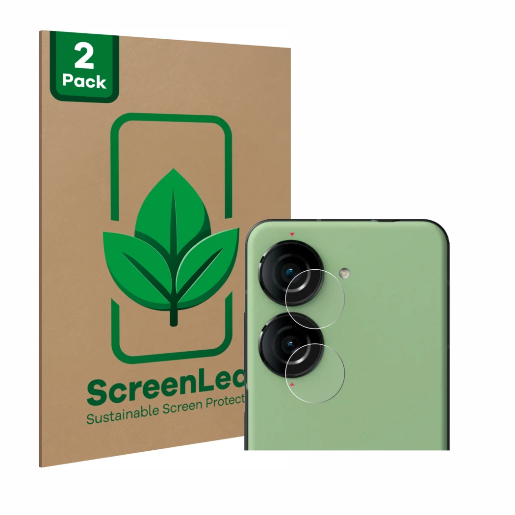 Front side of a product packaging with the brand logo ScreenLeaf. Next to it is the device ASUS ZenFone 10 (ONLY Camera Lens) 