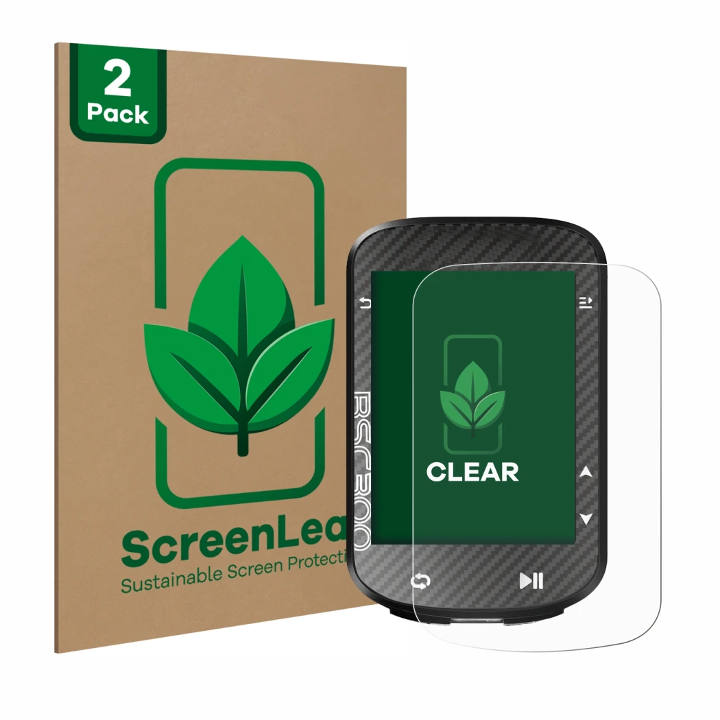 Front side of a product packaging with the brand logo ScreenLeaf. Next to it is the device iGPSPORT BSC300 shown with the corr