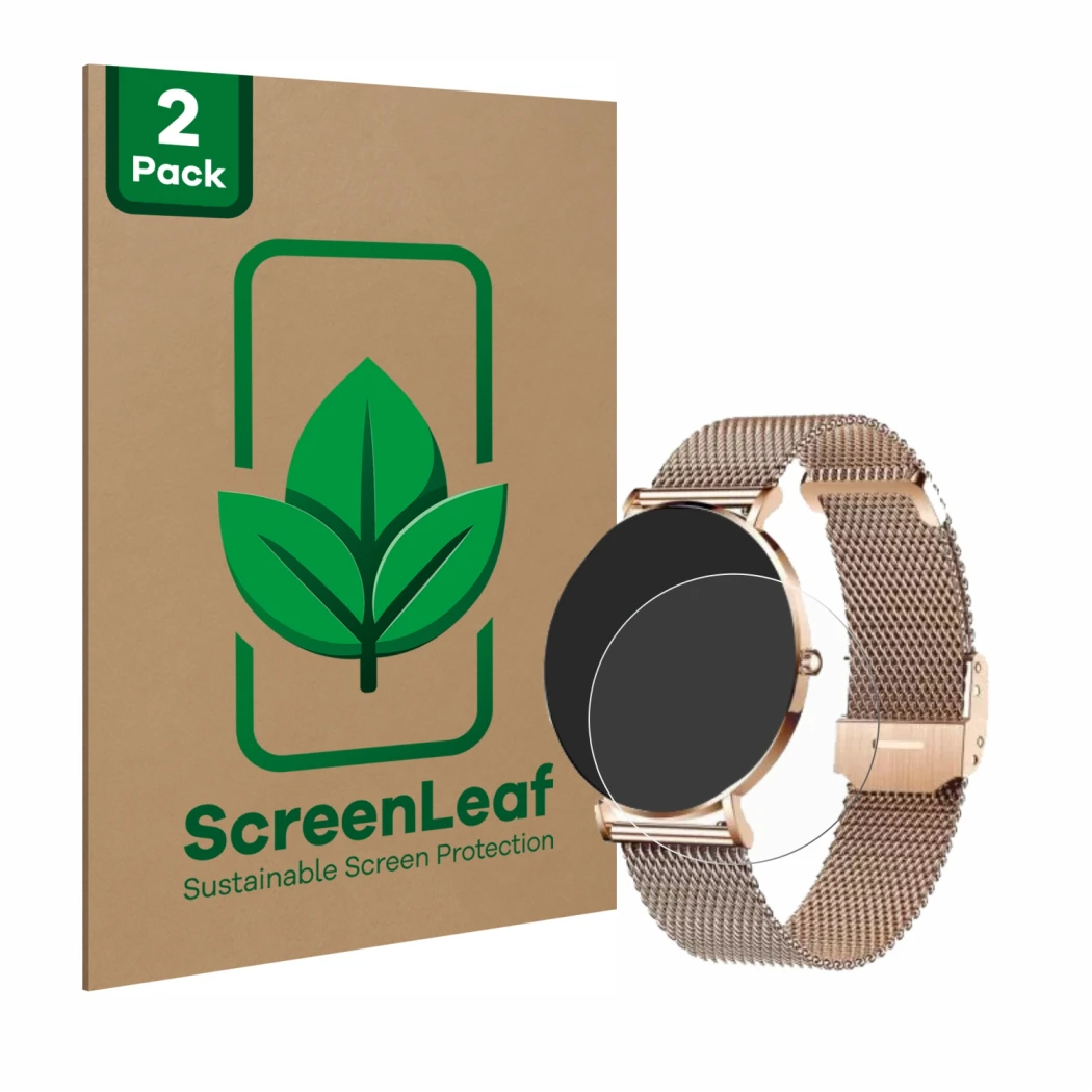 Front side of a product packaging with the brand logo ScreenLeaf. Next to it is the device Xcoast X-Watch Siona 2 shown with t