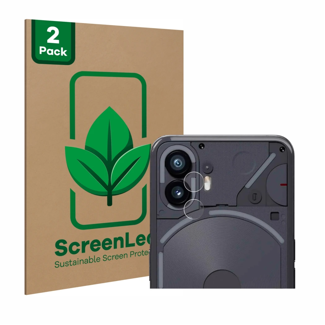 Front side of a product packaging with the brand logo ScreenLeaf. Next to it is the device Nothing Phone (2) (ONLY Camera Lens