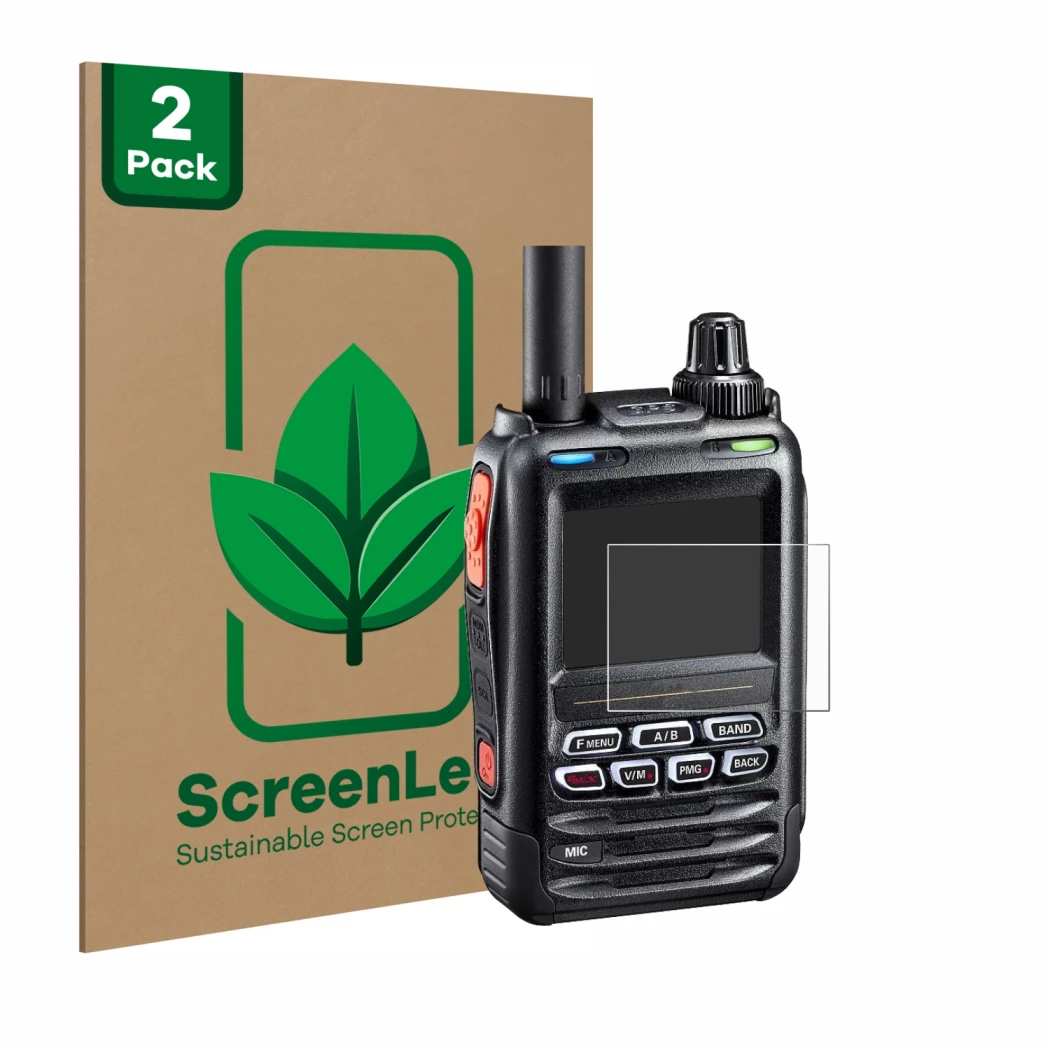 Front side of a product packaging with the brand logo ScreenLeaf. Next to it is the device Yaesu FT-5DE/DR shown with the corr