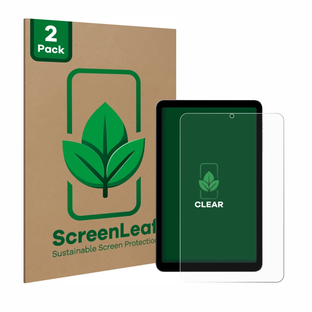 Front side of a product packaging with the brand logo ScreenLeaf. Next to it is the device Alldocube iPlay 50 mini shown with 