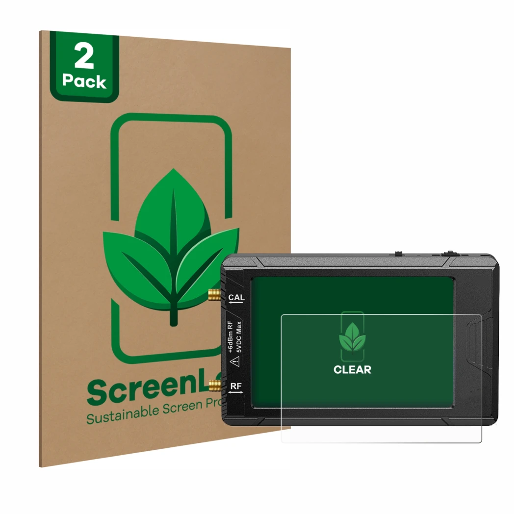 Front side of a product packaging with the brand logo ScreenLeaf. Next to it is the device tinySA ultra spectrum analyser show