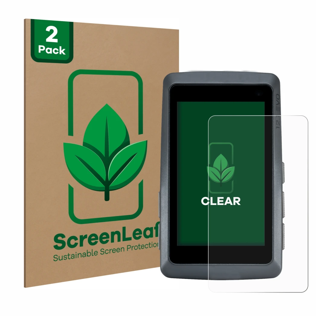 Front side of a product packaging with the brand logo ScreenLeaf. Next to it is the device Sigma ROX 12.1 EVO shown with the c