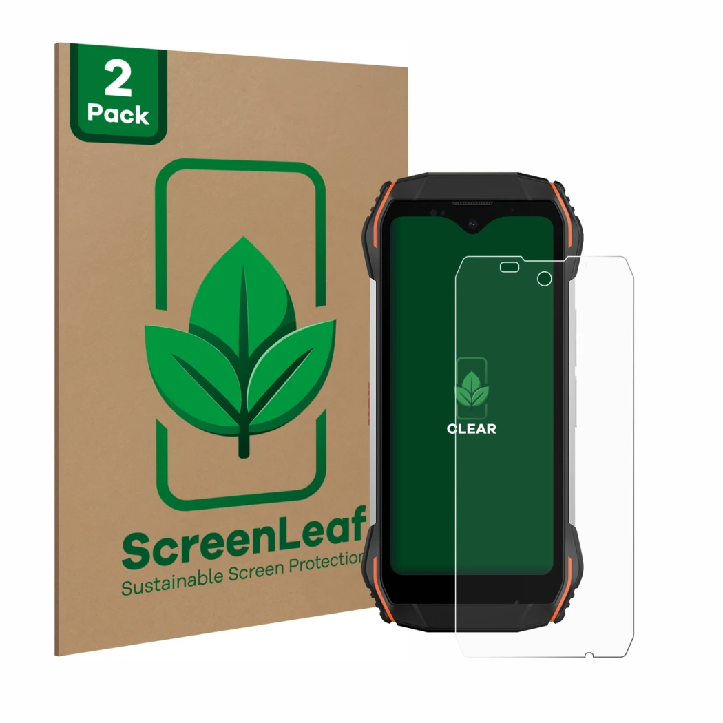 Front side of a product packaging with the brand logo ScreenLeaf. Next to it is the device Blackview N6000 shown with the corr