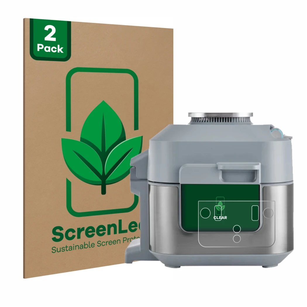 Front side of a product packaging with the brand logo ScreenLeaf. Next to it is the device Ninja Speedi Rapid Cooking System s