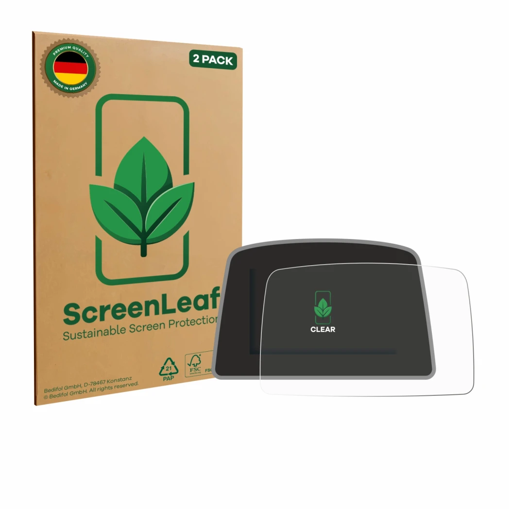 Front side of a product packaging with the brand logo ScreenLeaf. Next to it is the device PowaKaddy C2i shown with the corres