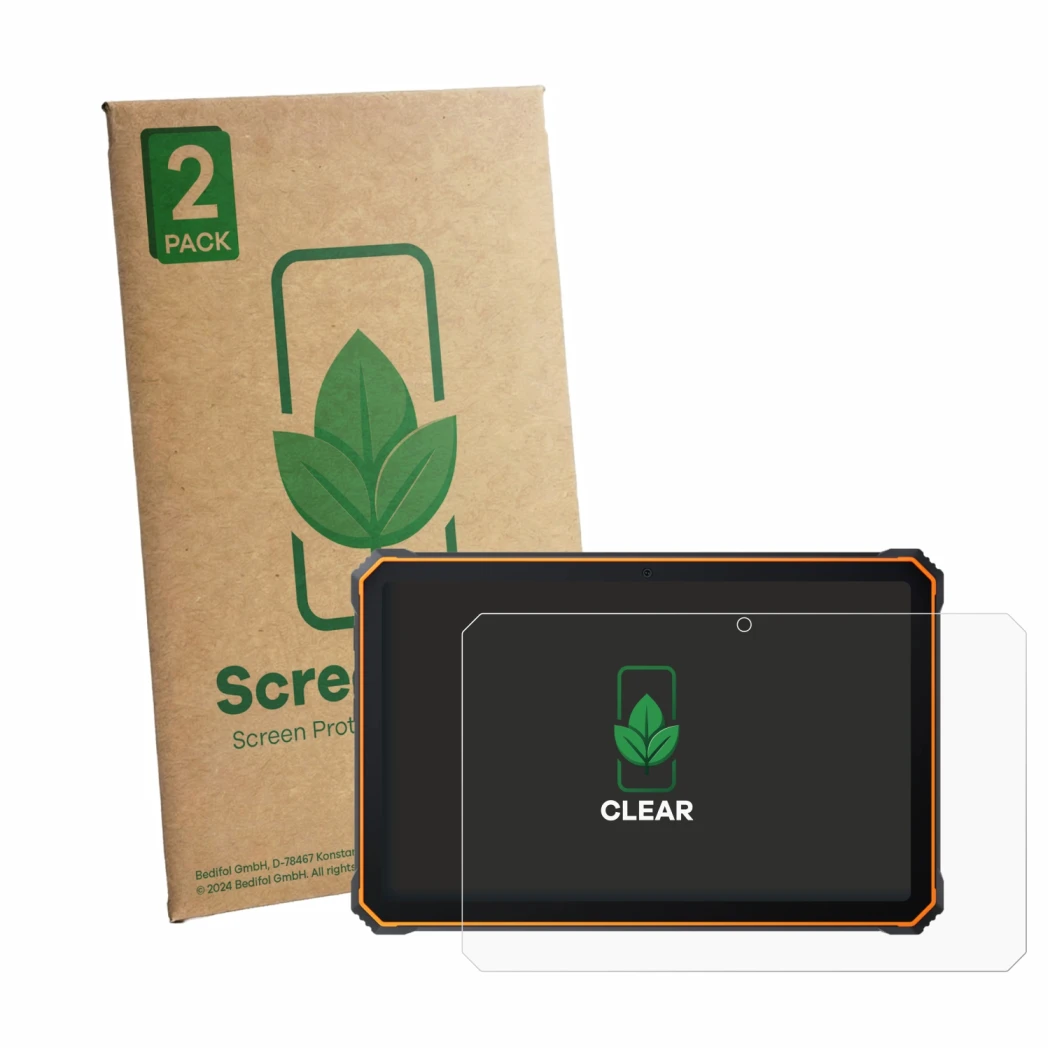 Front side of a product packaging with the brand logo ScreenLeaf. Next to it is the device Blackview Active 8 Pro 10.36