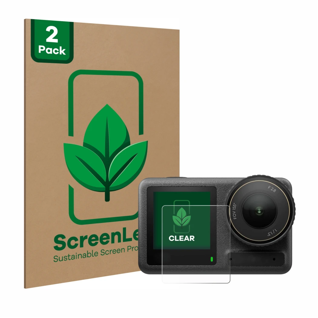 Front side of a product packaging with the brand logo ScreenLeaf. Next to it is the device DJI Osmo Action 4 (Front display) s